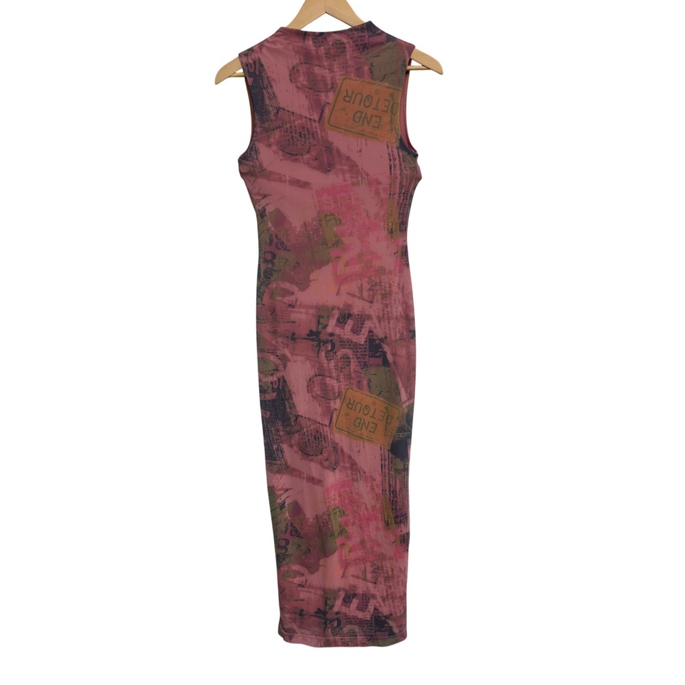 Silence + Noise Pink Graphic Abstract Mesh high Neck Bodycon Dress XS Road Signs